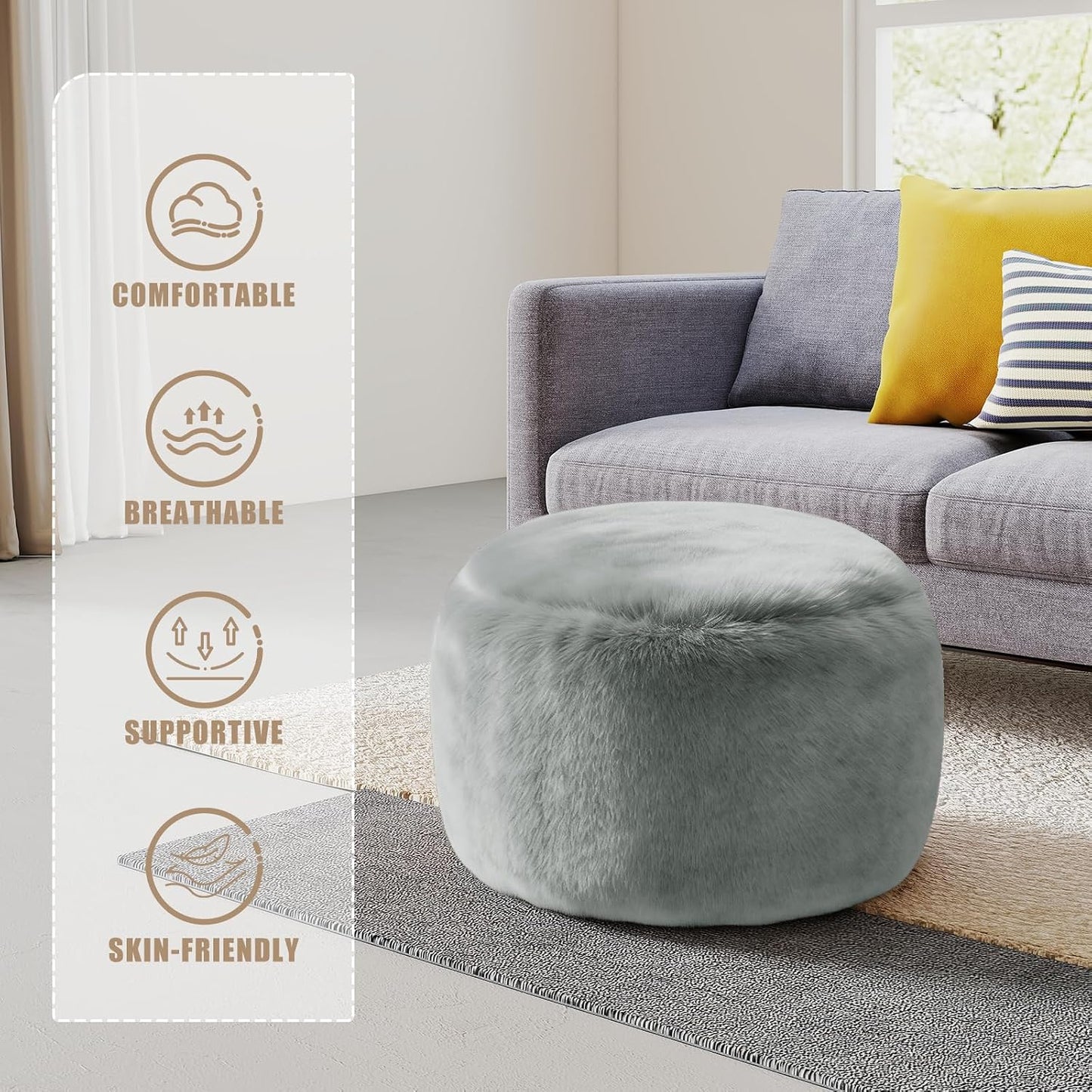 Round Stuffed Pouf Ottoman Foot Rest, Faux Fur Poufs with Memory Foam Filling, Ottomans for Living Room, Nursery, Dorm, Soft Foot Stool Ottoman for Couch, Perfect for Resting Your Feet (Grey, 20 Inch)