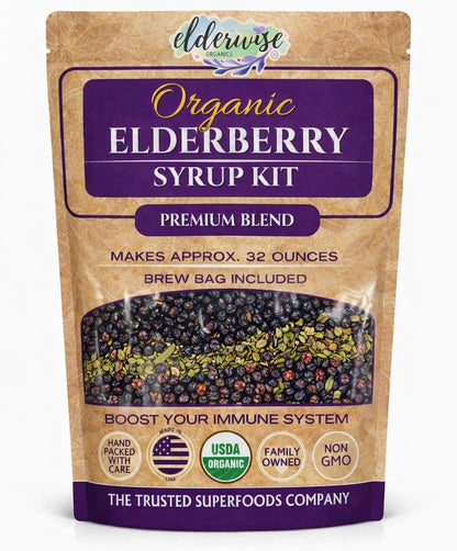 Elderwise DIY Organic Elderberry Syrup Kit for Immune Support, Makes 32 oz, Easy Pre-Measured Elderberry Syrup Kit With Rosehips, Ginger, Echinacea, Warm Spices, Brew Bag included for At-Home Preparation