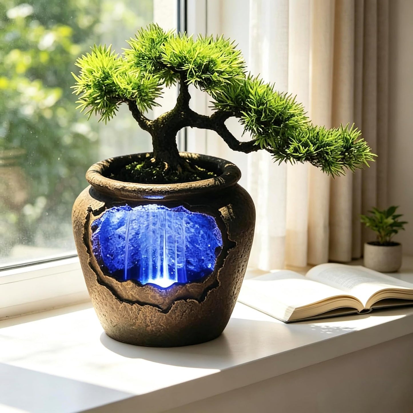 Mini Artificial Bonsai Tree Waterfall Fog Feature Rock Tabletop Fountain | 11in Desktop Decor Waterfall Fountain W/ Water Pump& Atomizer&LED Lights &Fake Tree Office Bedroom Relax