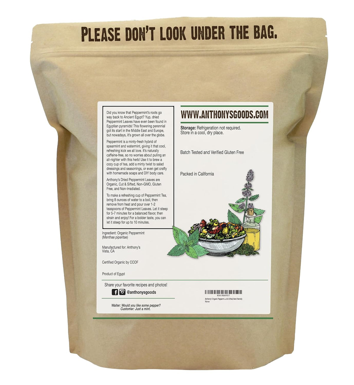 Anthony's Organic Peppermint Leaves, 1 lb, Gluten Free, Non GMO, Cut & Sifted, Keto Friendly