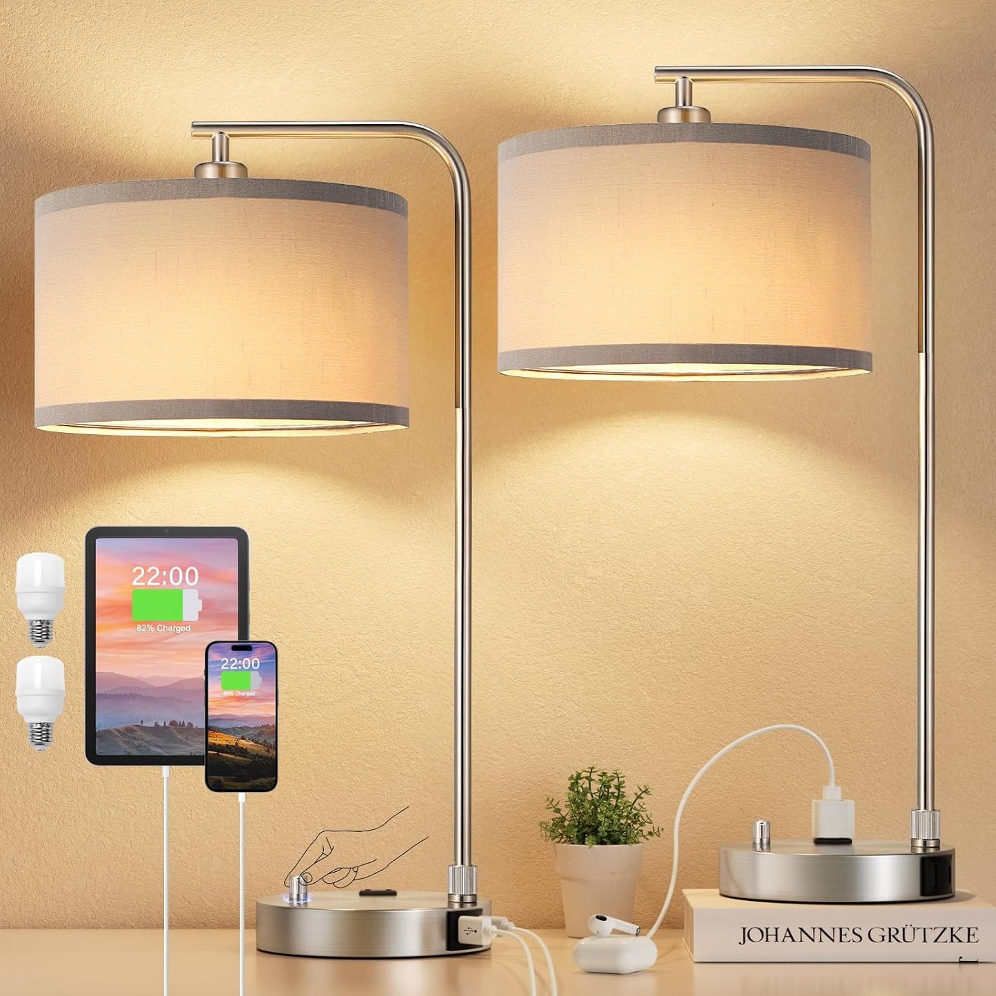 Innqoo Bedside Table Lamps for Bedroom Set of 2-Dimmable Nightstand Lamps with USB Port and Outlet,Modern Gold Lamps with Linen Shade,Tall Desk Lamps for Home Office Bedroom Living Room End Table