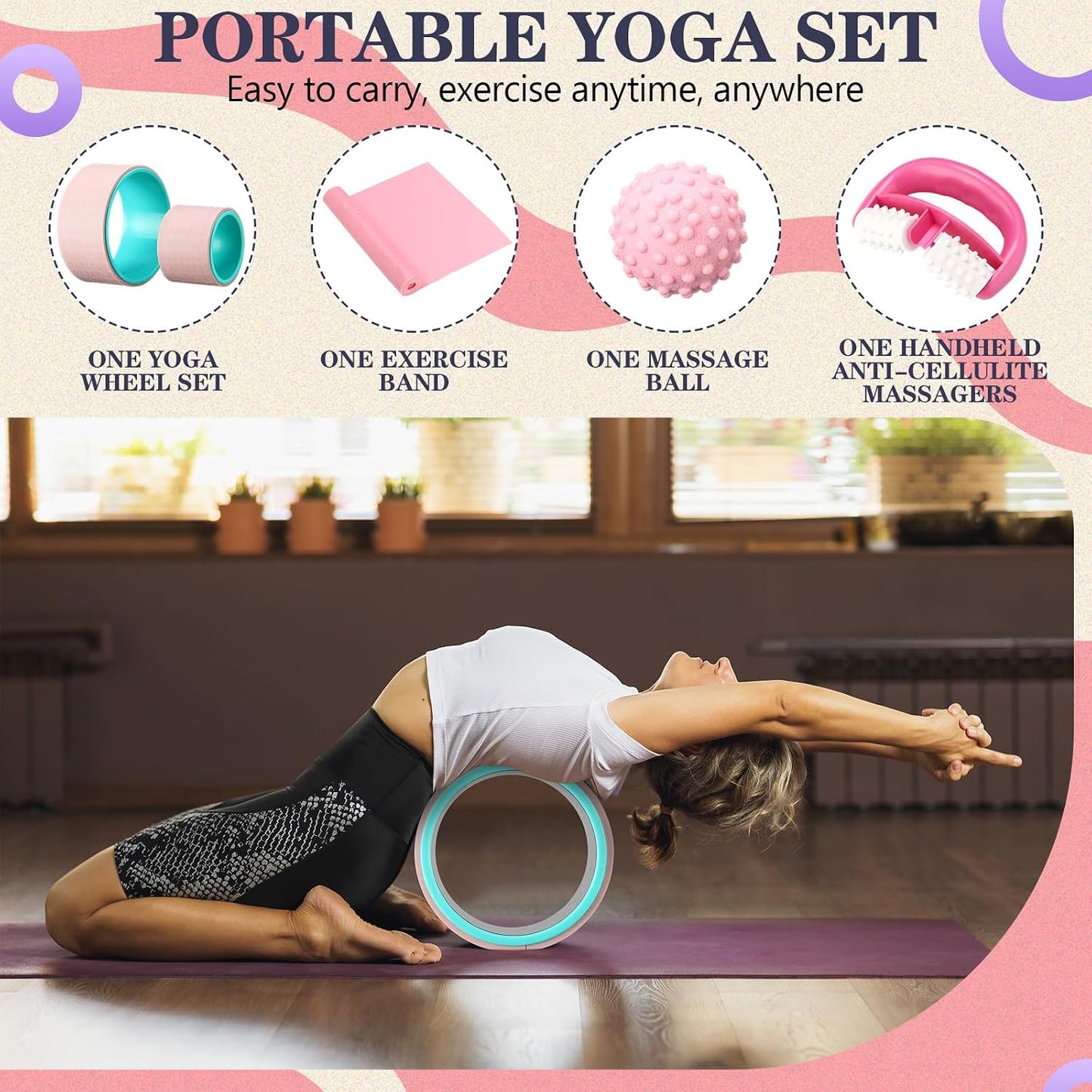 Arrowbash 5-in-1 Pink Yoga Wheel Set Back Stretcher Wheel Deep Tissue Massage Foam Roller Trigger Point Relieve Ball, Resistance Loop Exercise Bands Massage Roller for Deep Tissue Yoga Beginner Gift