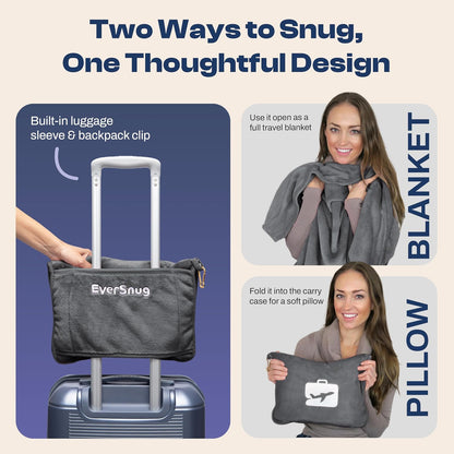 EverSnug Travel Blanket and Pillow - Premium Soft 2 in 1 Airplane Blanket with Soft Bag Pillowcase, Hand Luggage Sleeve and Backpack Clip (Grey)