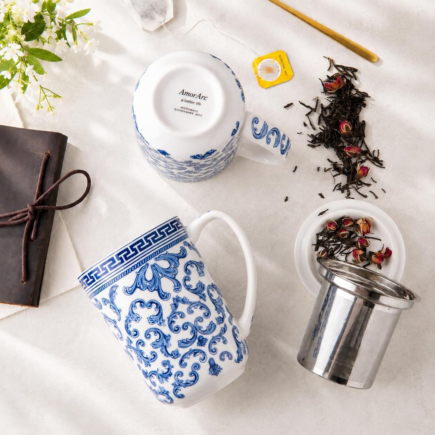 AmorArc Porcelain Tea Mug with Infuser and Lids, 18 Oz Large Cup Strainer with Bag Holder for Loose Leaf Tea, Steeping Coffee Mug for House-warming Wedding Birthday Gift