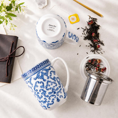 AmorArc Porcelain Tea Mug with Infuser and Lids, 18 Oz Large Cup Strainer with Bag Holder for Loose Leaf Tea, Steeping Coffee Mug for House-warming Wedding Birthday Gift