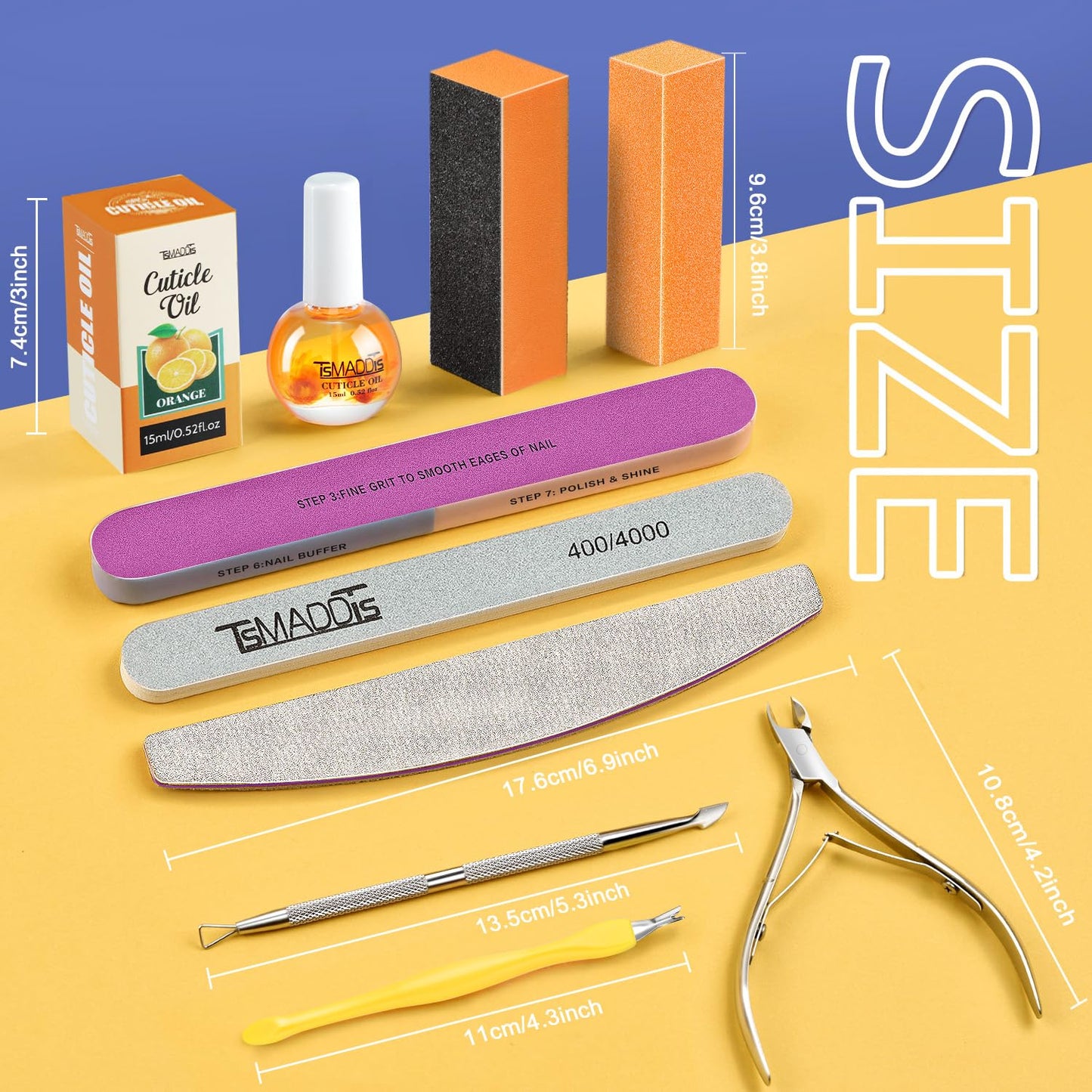 TsMADDTs Manicure Tools Kit Nail Care Kit with 3 pcs Files, 2 pcs Buffer Blocks, 2 Polishing Buffers, Cuticle Nipper, Pusher and Cuticle Oil