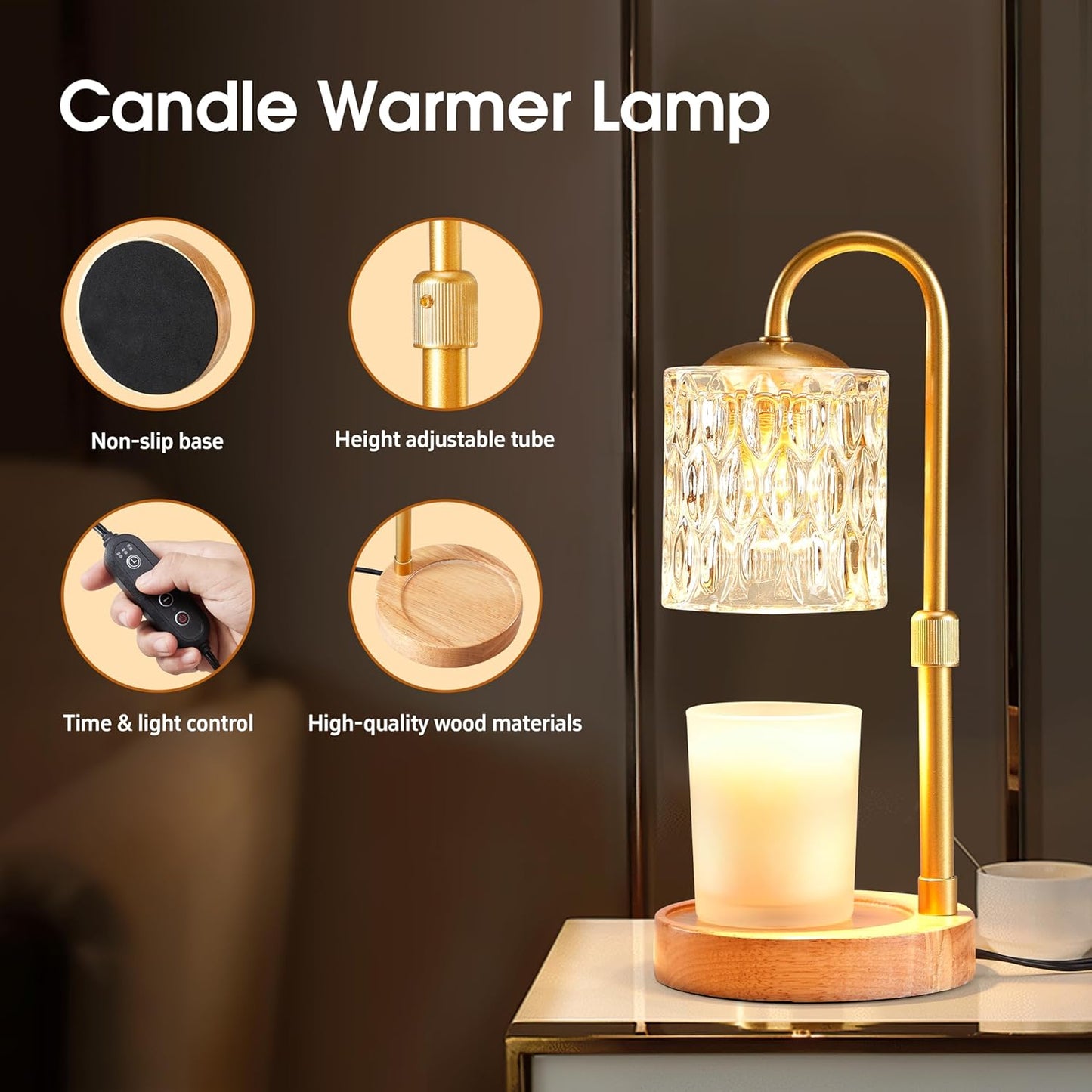Briever Dimmable Candle Warmer Lamp with Timer, Height Adjustable Electric Candle Wax Warmer, Christmas Birthday Gifts for Women Mom, House Warming Gifts New Home Room Decor, Walnut Solid Wood Base