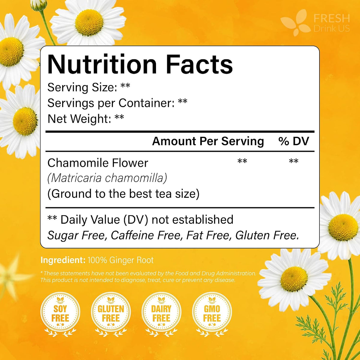 FreshDrinkUS, 135 Chamomile Tea Bags, 100% Natural and Pure Chamomile Flowers, Eco-Conscious Tea Bags. Chamomile Flower Herbal Tea. No Sugar, No Caffeine, No Gluten, Vegan.