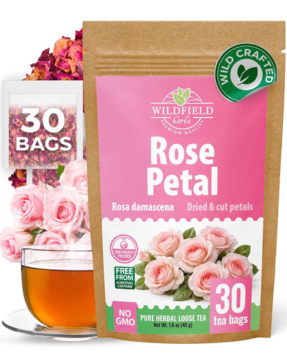 30 Bags Rose Petal Buds Herbal Tea (Rosa Damascena) - 30 Count 1g Bags Dried Rose Herb Té De Rosa