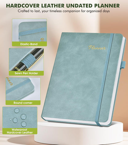 Undated Weekly and Monthly Planner, Hardcover Leather Calendar Blank Planner, Simplified To Do List Notebook with Goal & Habit Tracker Organizer, A5 Daily Weekly Planner for Work School Home, Black