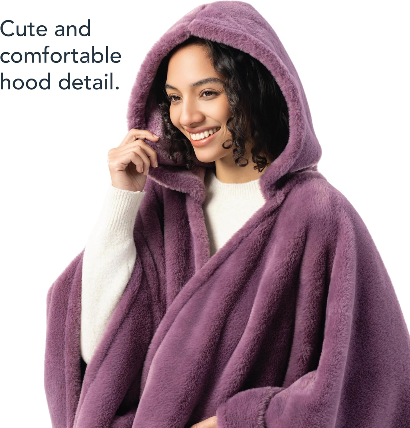 Berkshire Faux Fur Wearable Blanket, Cozy Reversible Loftmink Fleece Shawl with Hood & Side Pockets