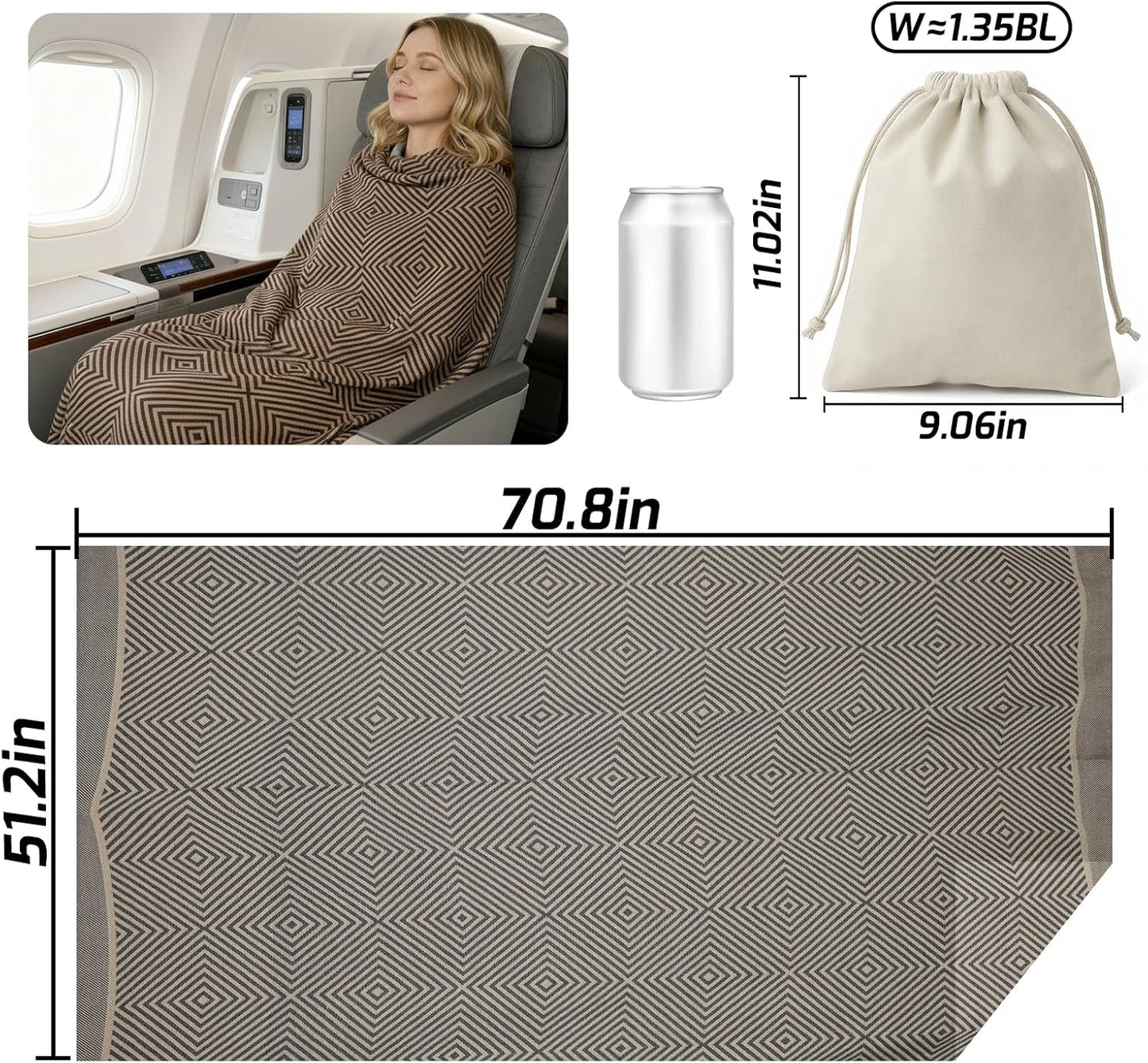 Travel Blanket Airplane - Ultra Soft & Lightweight Knit Design Compact Airplane Blanket,53x72 Inch,Stylish Travel Shawl Wraps for Flights,Office,Home Use,Travel Essentials & Gifts