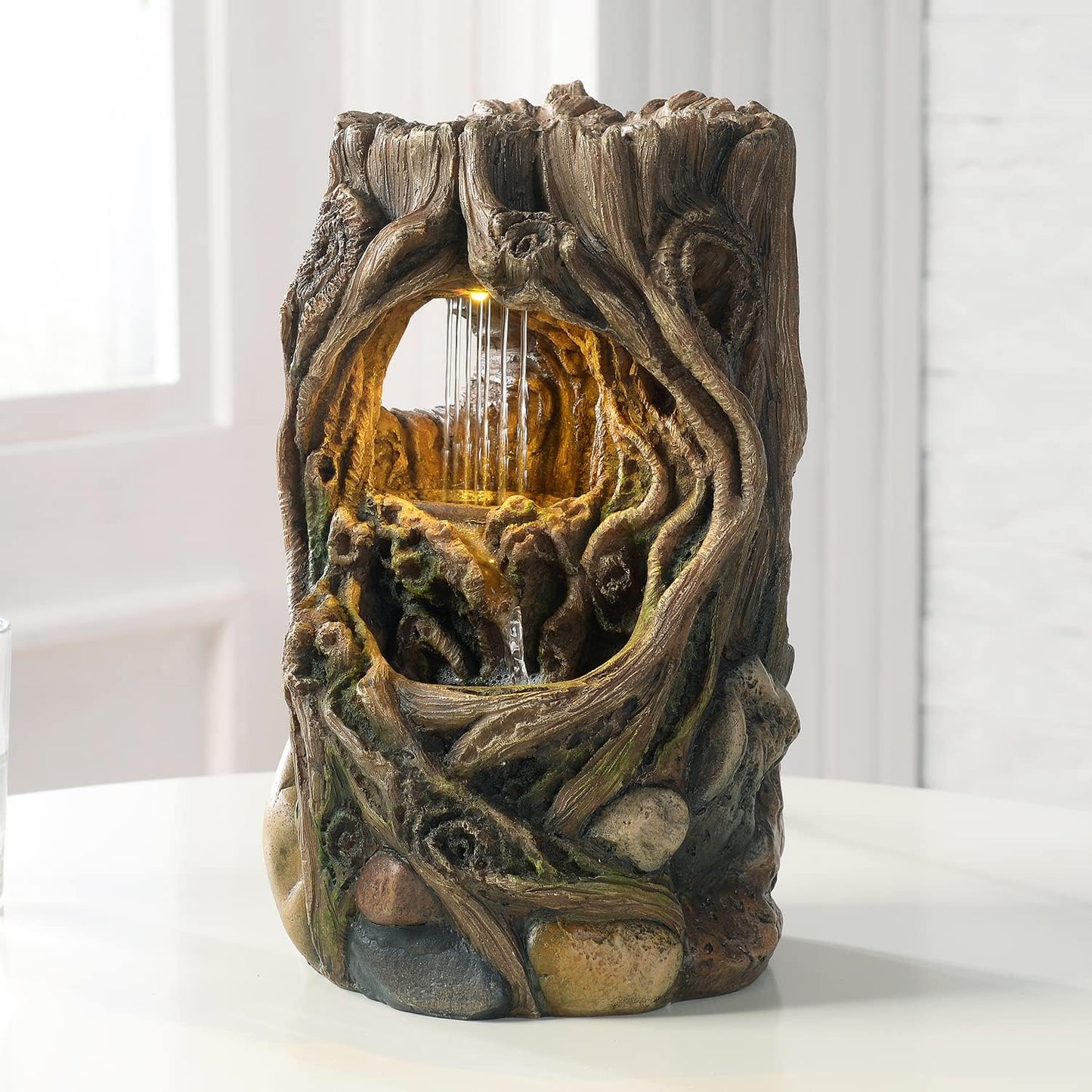 GOSSI Indoor Water Fountain Stump Rain Drop Meditation Desk Fountain Artistic Relaxation Waterfall for Home and Office Decor (22013)