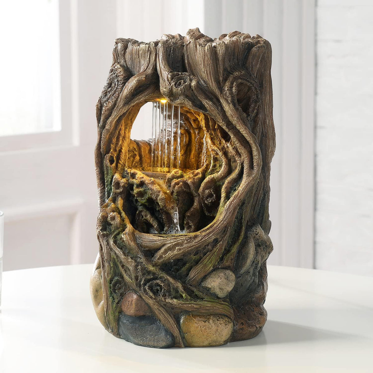GOSSI Indoor Water Fountain Stump Rain Drop Meditation Desk Fountain Artistic Relaxation Waterfall for Home and Office Decor (22013)
