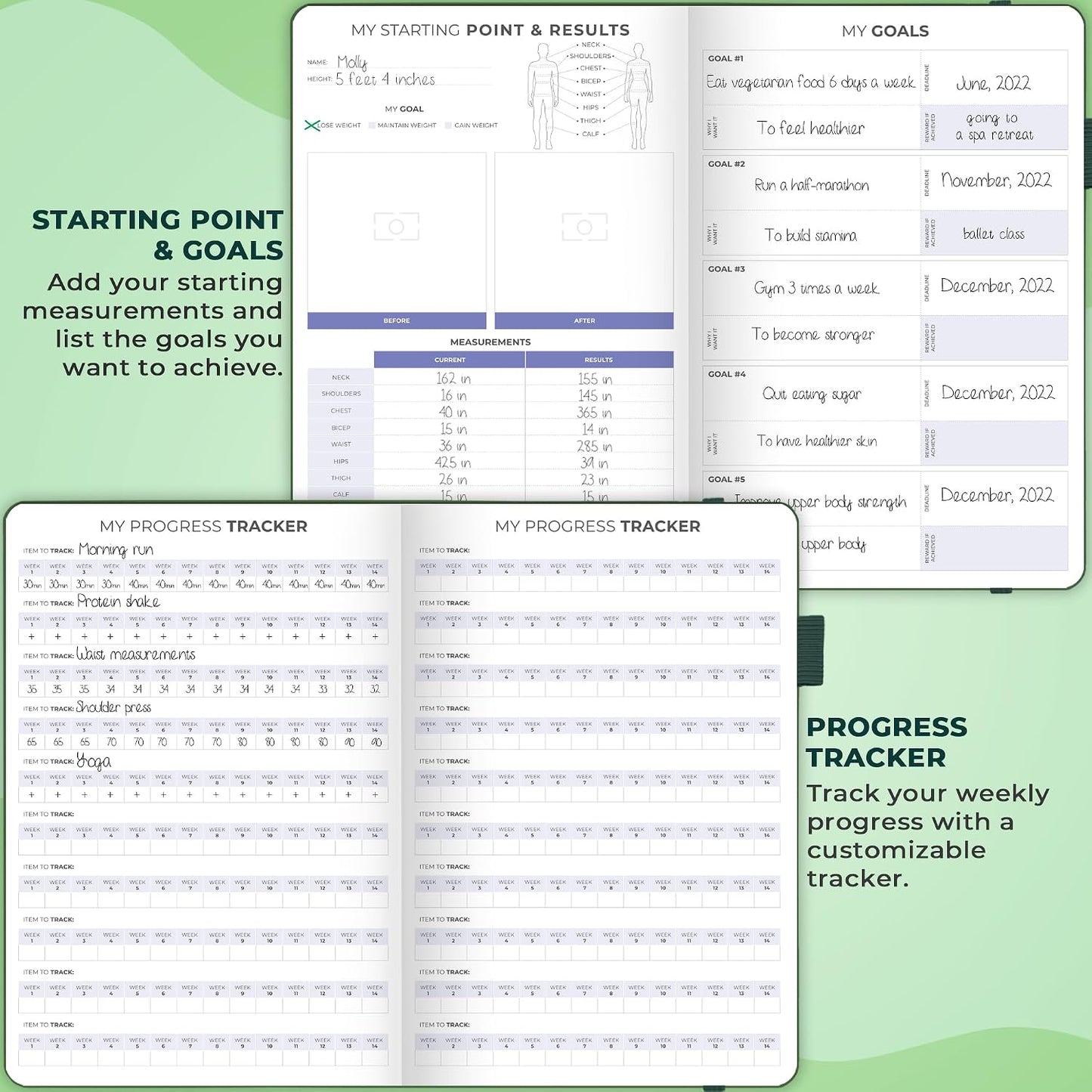 Clever Fox Fitness & Food Journal – Nutrition & Workout Planner for Women & Men – Diet & Gym Exercise Log Book with Calendars, Diet & Training Trackers - Undated, A5 Size, Hardcover (Forest Green)