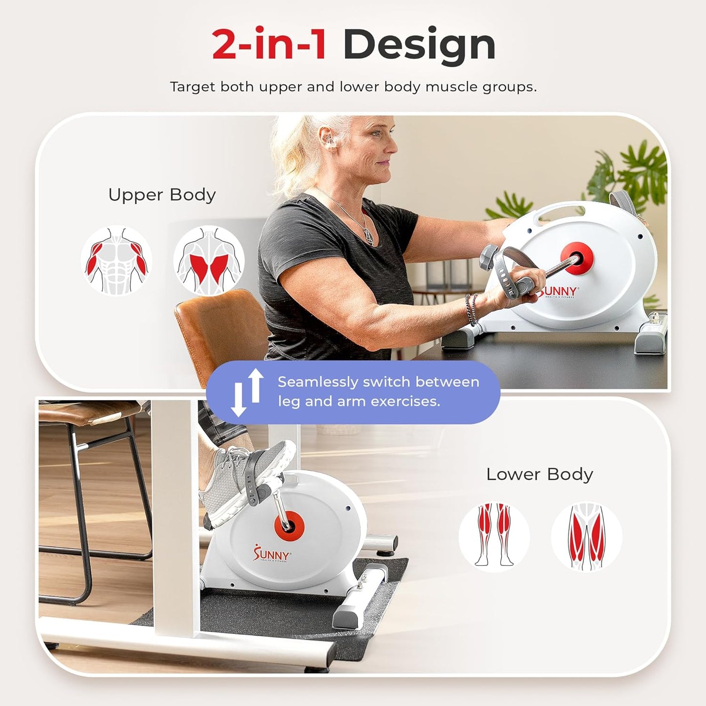 Sunny Health & Fitness Smart Under-Desk Bike Exerciser, Low-Impact Cardio Cycling Equipment for Home/Office, Mini Paddler for Arm/Leg Mobility Training, Free SunnyFit App