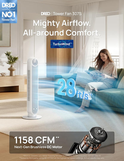 DREO Tower Fan for Bedroom, 2026 Upgraded DC Motor, 28ft/s Smart Standing Fans, 90° Oscillating Floor Fan with 20dB Ultra Quiet, 8 Speeds 4 Modes, 8H Timer, Bladeless, Remote, WiFi Voice Control