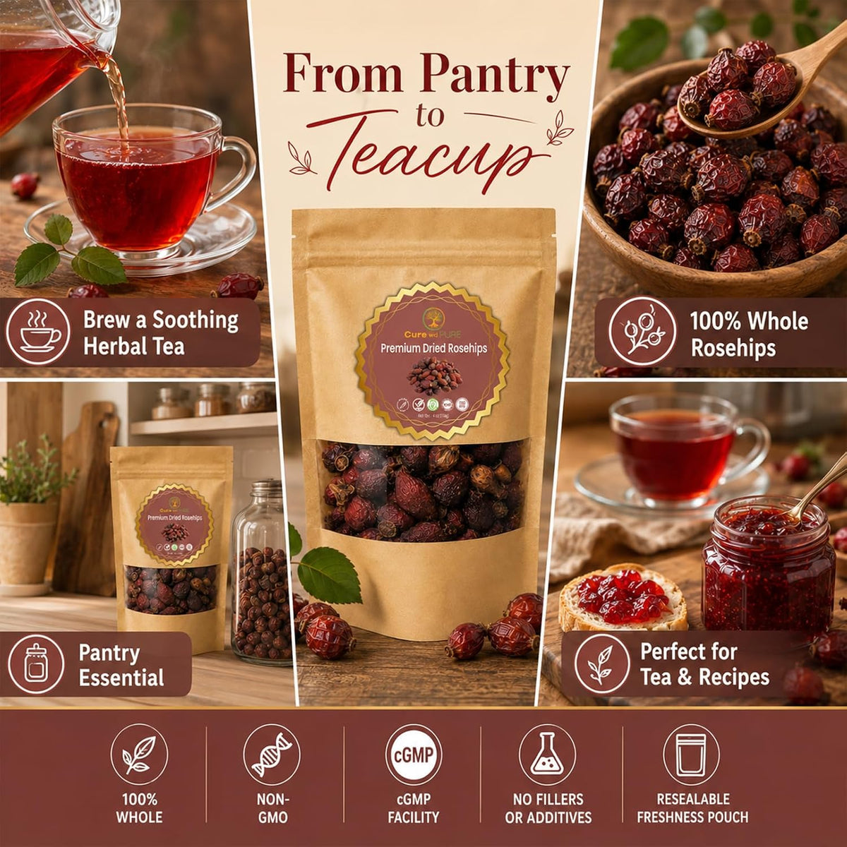 Cure wid Pure Dried Rose Hips 4oz RoseHip Tea Rich in Vitamin C