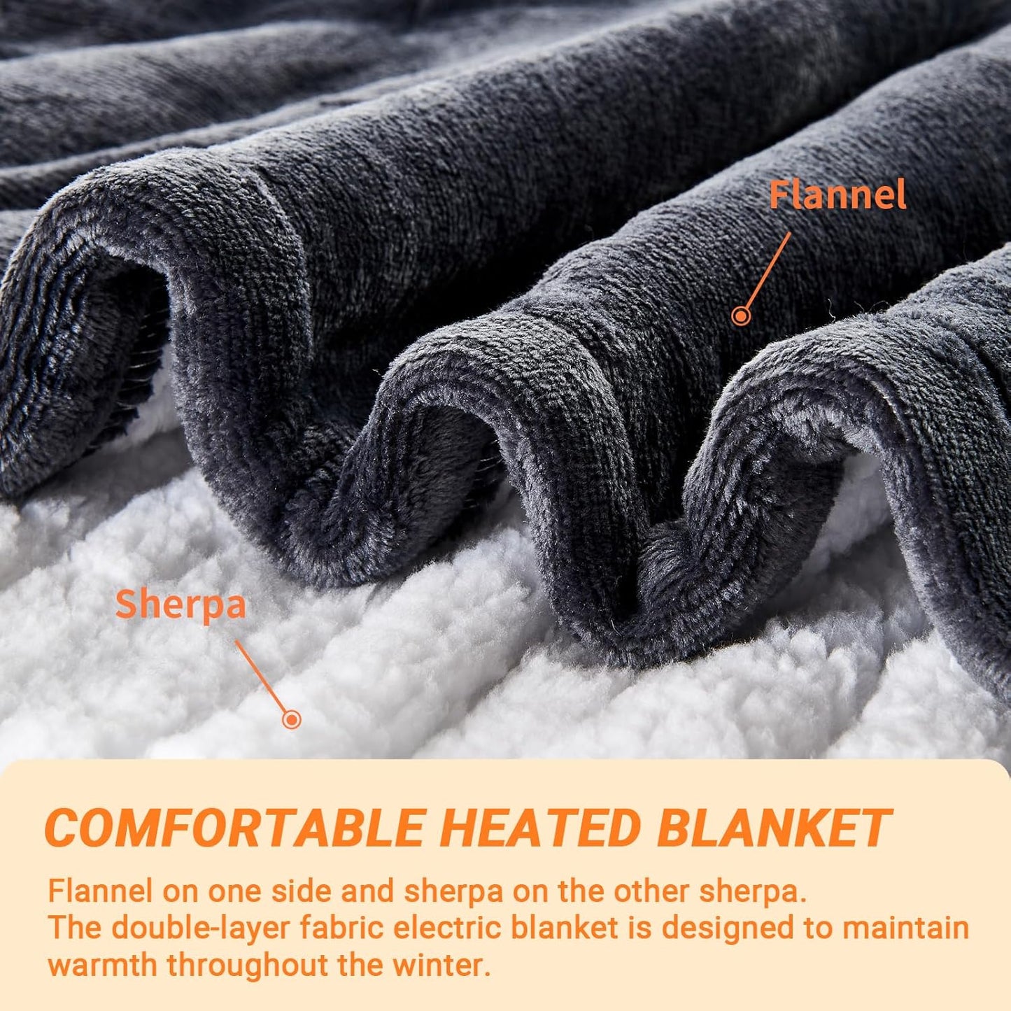 Electric Blanket Heated Throw, Soft Flannel 50"x60" Heating Blanket with 8 Hours Auto Off 10 Fast Heating Levels Machine Washable Sherpa Heated Blanket with Overheating Protection