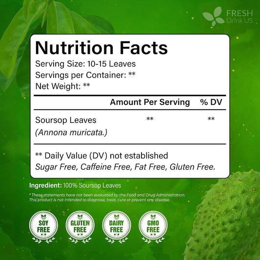FreshDrinkUS, 240+ Premium Soursop Graviola Dried Leaves Tea, 230-250 Whole Soursop Leaves, Wildcrafted, Graviola , Guanabana , Hoja Guanabana, Loose Leaf Herbal , No Gluten, Vegan