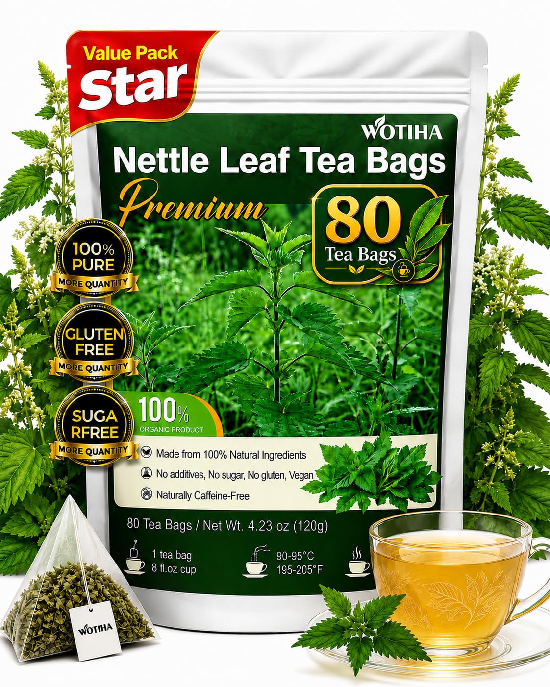 WOTIHA Stinging Nettle Leaf Tea Bags, 80 Count, Caffeine-Free Herbal Tea