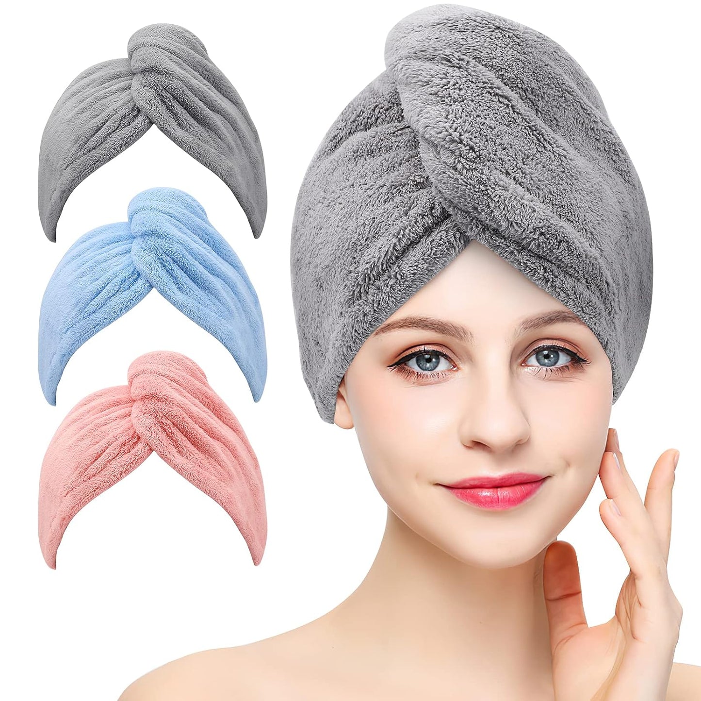 2 Pack Microfiber Hair Towel - 41 x 24 inches Super Soft, Absorbent, Fast Drying Without Frizz Hair Towel Wrap for Women Long, Thick, Curly Hair - Hair Turbans with Elastic Strap