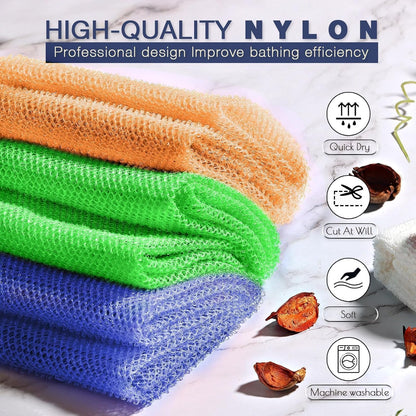 UJFQBH 3 Pieces African Bath Sponge African Net Long Net Bath Sponge Exfoliating Shower Body Scrubber Back Scrubber Skin Smoother,Great for Daily Use (Pink,Yellow,Purple)