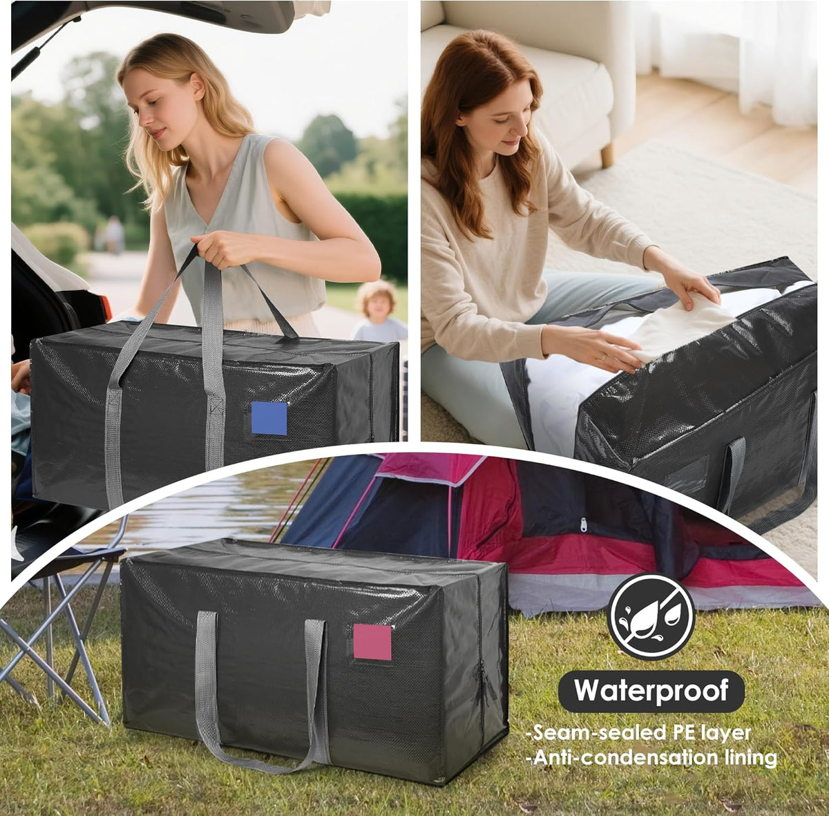 Moving Bags Heavy Duty 210GSM with Full-Open Side Zipper, 93L 220lbs Waterproof Foldable Storage Totes for College Dorm Move-In, Moving Boxes Alternative & Home Organization, Blue