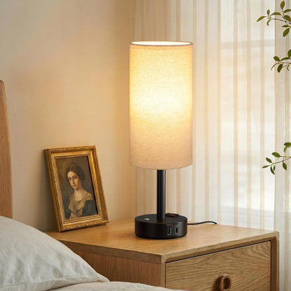 Touch Bedside Table Lamp with Memory - Stepless Dimmable Lamp for Bedroom, Small Nightstand Lamp with Dual USB Charging Ports and AC Outlet, Wood Night Light, Desk Lamp for Nursery, Living Room, Dorm