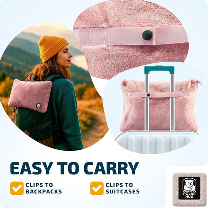 Travel Blanket Airplane Compact with Hoodie – 2in1 Airplane Travel Accessories from Plane Blanket to Travel Pillow with Luggage Strap, Soft Handle & Secure Pocket