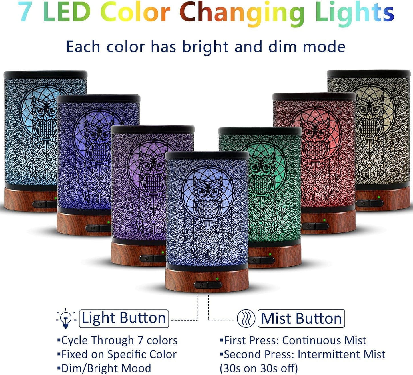 EQUSUPRO Essential Oil Diffuser 300ml Metal Electric Ultrasonic Diffuser for Large Room with Auto Shut-Off, 4 Timer Setting &7 Colors Night Light for Home