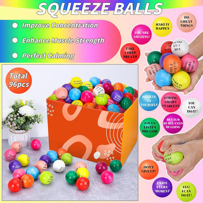 96 Pieces Motivational Stress Balls 2 Inch Inspirational Stress Relief Ball Bulk Hand Exercise Balls Encouraging Colorful Foam Balls Anxiety Small Balls with Quotes for Kids Adults Teens, 12 Styles