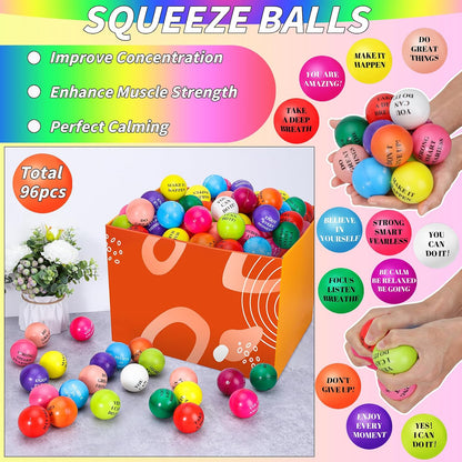 96 Pieces Motivational Stress Balls 2 Inch Inspirational Stress Relief Ball Bulk Hand Exercise Balls Encouraging Colorful Foam Balls Anxiety Small Balls with Quotes for Kids Adults Teens, 12 Styles