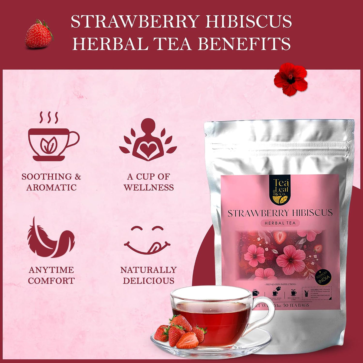Strawberry Hibiscus Herbal Tea 100gm, Natural Herbal Infusion, 50 Tea Bags