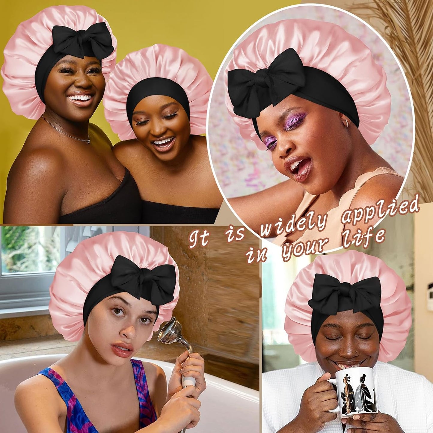 Satin Bonnet for Sleeping Cap Double Layer Hair Bonnet with Elastic Tie Band for Curly Hair Night Cap (Bean Paste + Pink)
