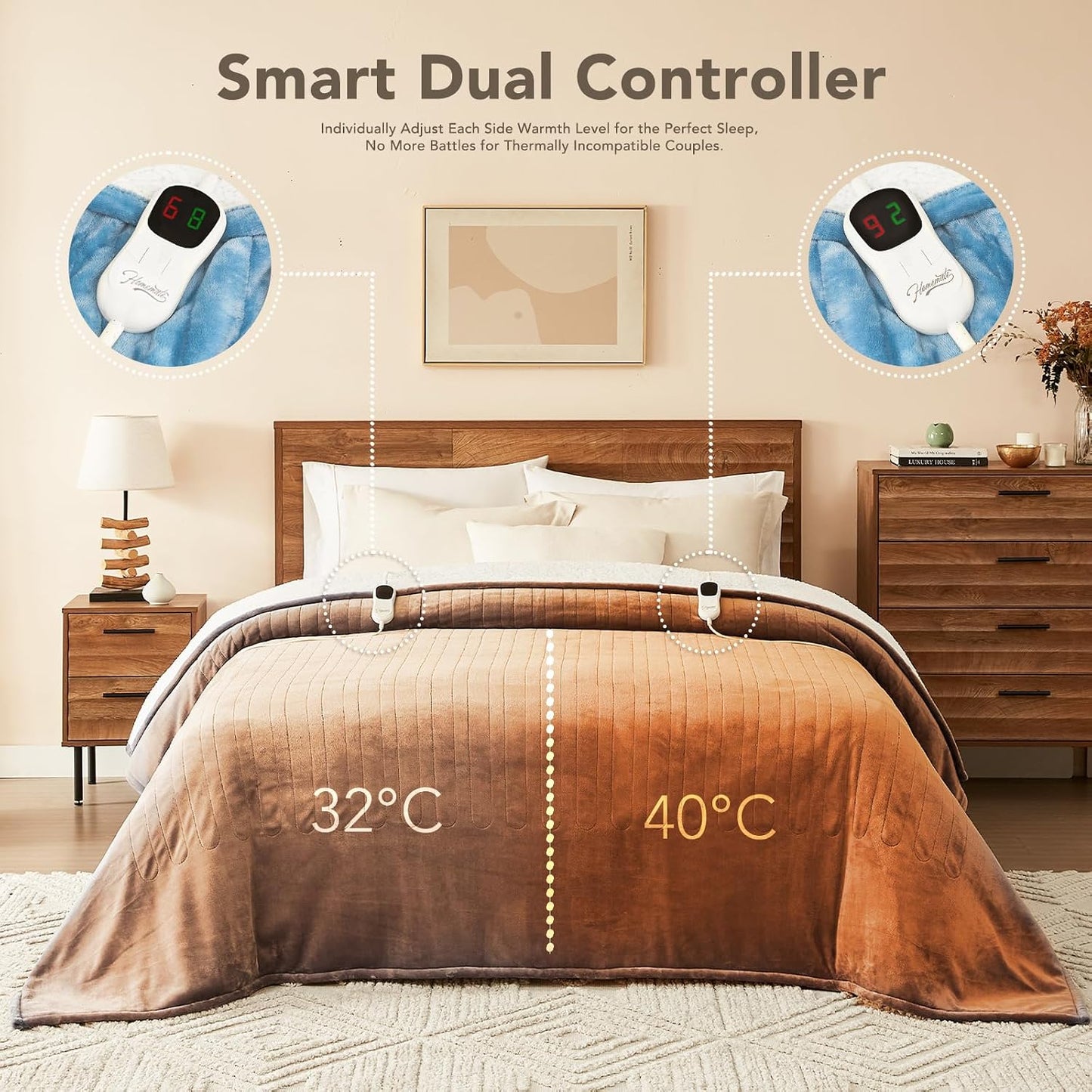 Homemate Electric Heated Blanket Twin - 62"x84" Heating Bed Blankets Throw with 10 Heating Levels 8 Hours Auto Off Fast Heating Over-Heated Protection Ultra Soft Warm Flannel ETL Certified Grey - Colors B