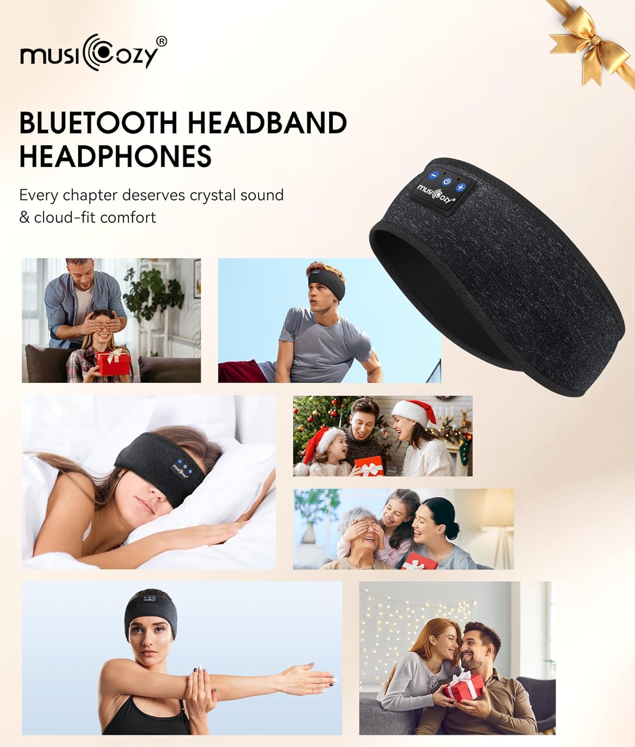 MUSICOZY Sleep Headphones Bluetooth 5.4 Headband, Wireless Earphones Music Sleep Earbuds Sleeping Eye Mask with HD Stereo Speakers for Workout Running Travel Yoga, Ideal Gifts for Men Women Mom Dad