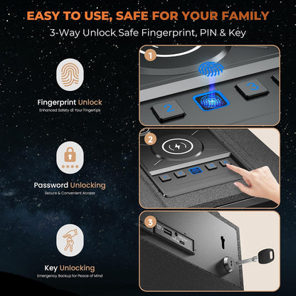 Biometric Safe, Fingerprint Lock & 3‑in‑1 Wireless Charging for Bedside