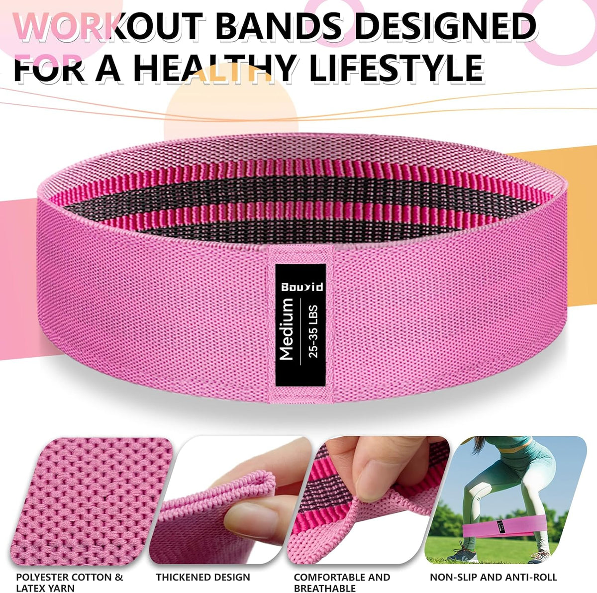 Resistance Bands for Working Out, 4 Levels Exercise Bands for Women & Men, Elastic Workout Band for Physical Therapy, Fabric Booty Band for Gym, Yoga, Pilates, Leg Training