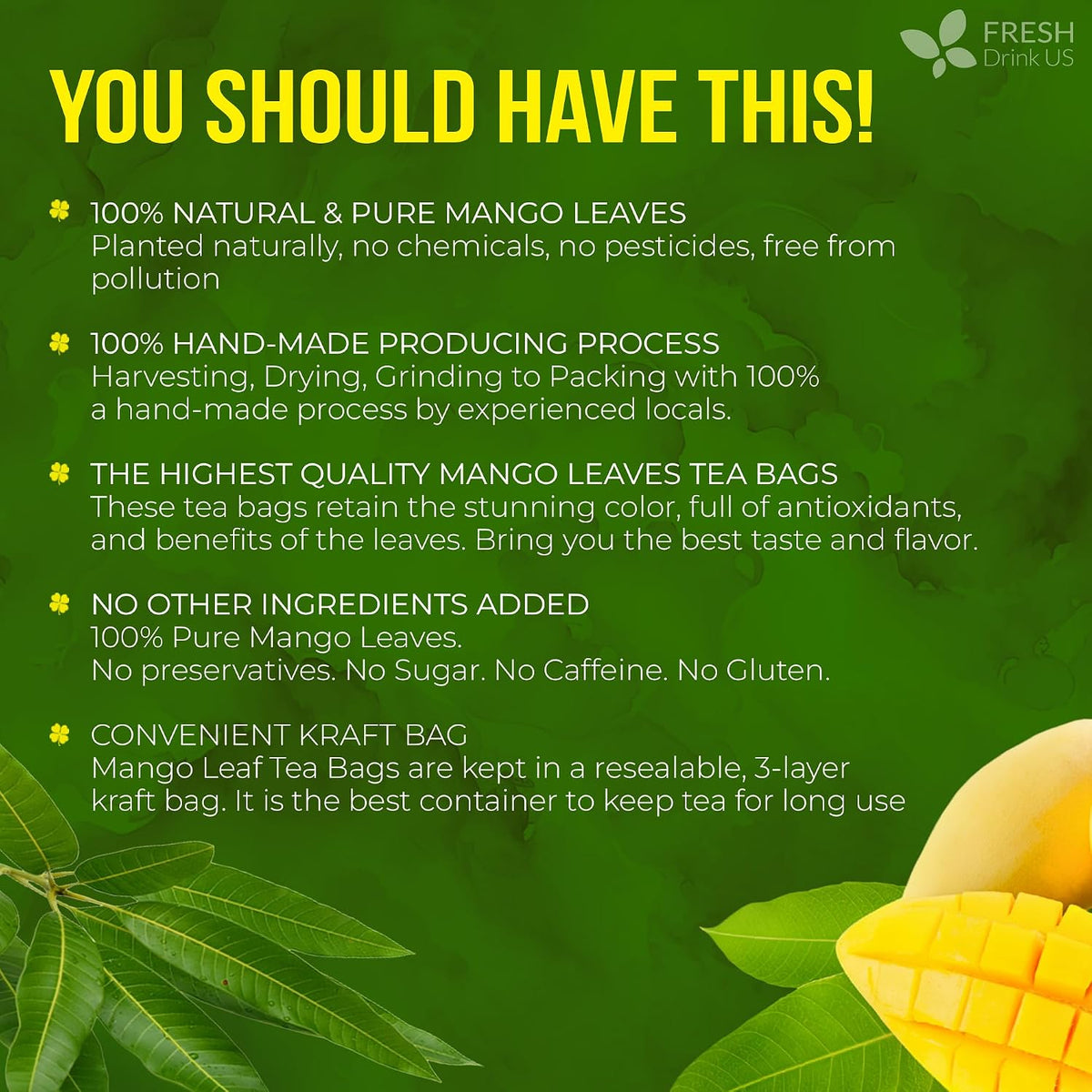 FreshDrinkUS, Premium 40 Mango Leaf Tea Bags, 100% Natural& Pure from Mango Leaves. Herbal Tea. No Sugar, No Caffeine, No Gluten, Vegan.