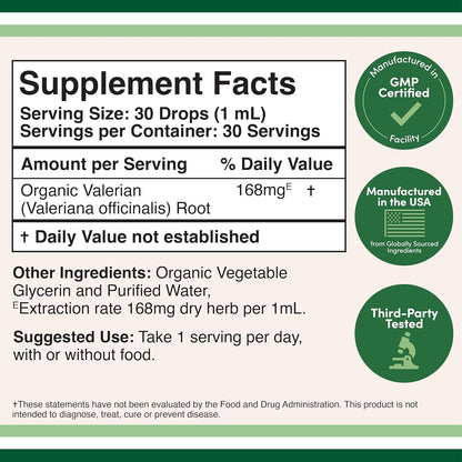Valerian Root Liquid Drops 168mg, Organic, No Alcohol, Sleep + Calm, 1 oz