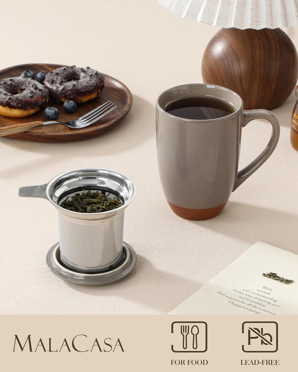 MALACASA Ceramic Tea Mug with Lid and Stainless Steel Infuser, 18 oz Large Tea Cup for Loose Leaf Tea, Heat-Resistant, Microwave & Dishwasher Safe, Speckled Glaze Coffee & Tea Brewer Mug, Khaki White