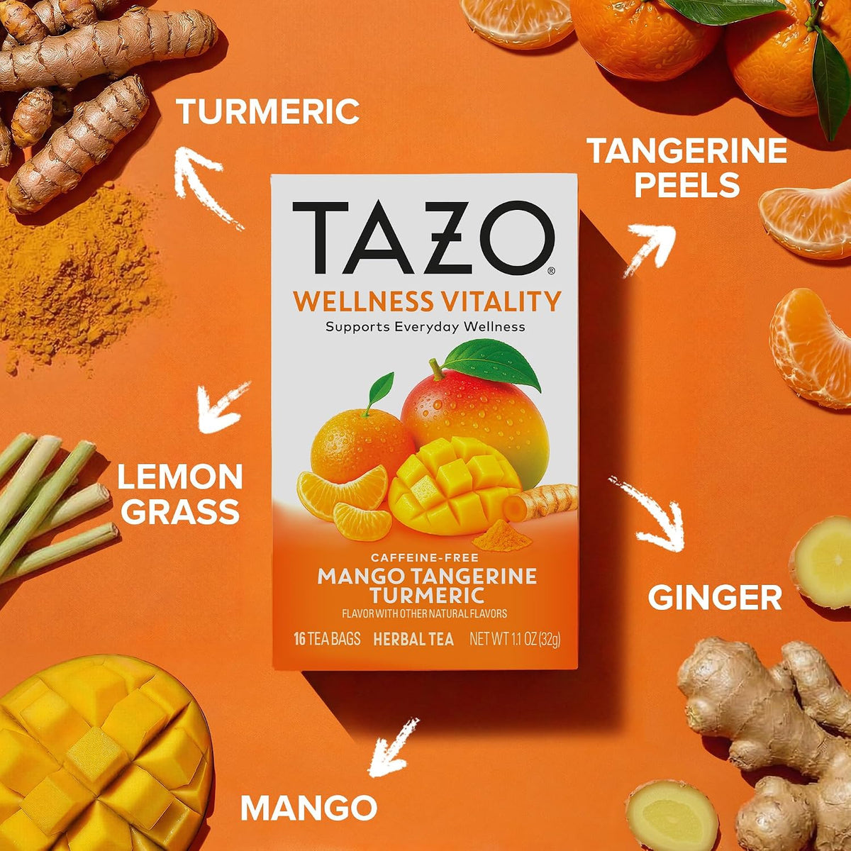 TAZO Herbal Tea Bags, Wellness Vitality Mango Tangerine Turmeric, 16 Count (Pack of 1)