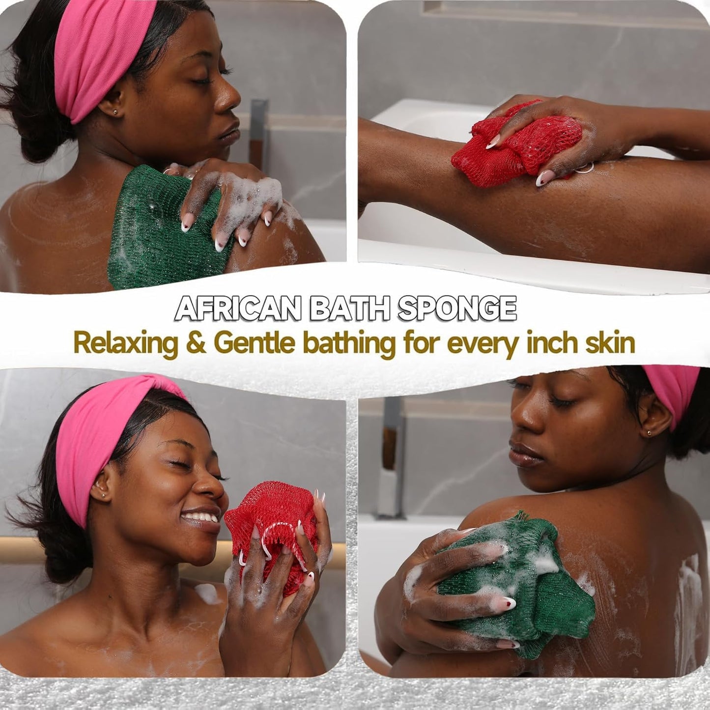 SubSahara Authentic African Net Sponge - 2 Pack Exfoliating Bath & Shower Loofah Sponge for Body & Face, Gentle Scrubber for All Skin Types, Travel, Durable Polyester (Olive Green & Light Green)