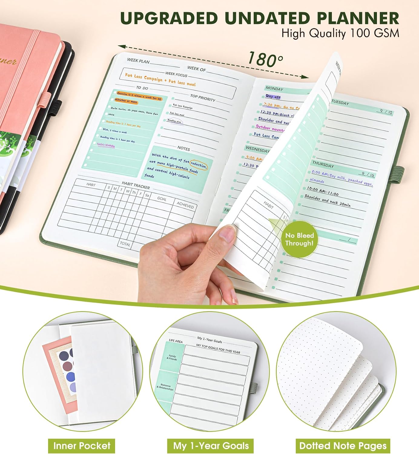 Undated Weekly and Monthly Planner, Hardcover Leather Calendar Blank Planner, Simplified To Do List Notebook with Goal & Habit Tracker Organizer, A5 Daily Weekly Planner for Work School Home, Black