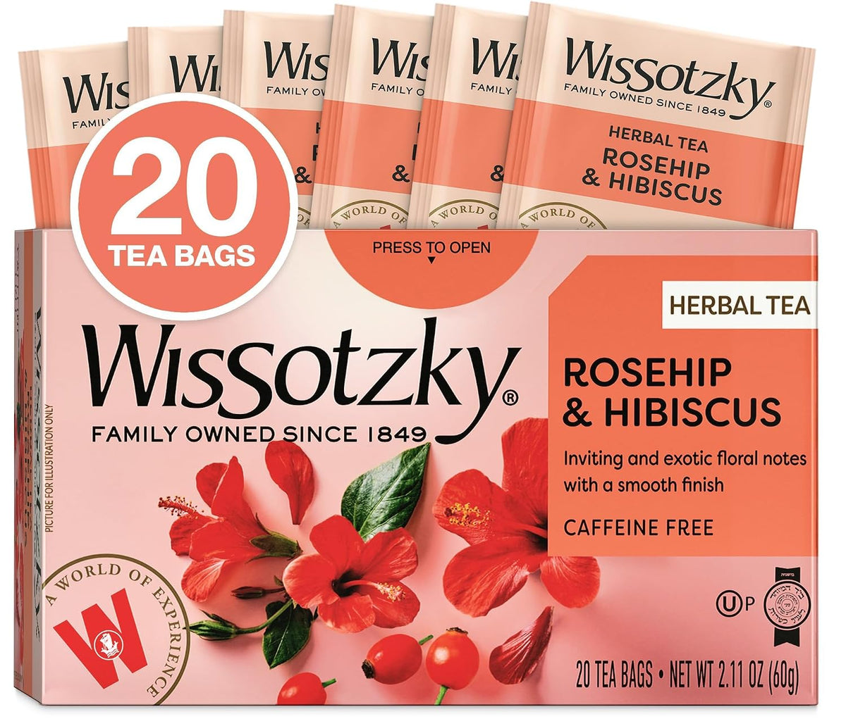 Wissotzky Rosehip & Hibiscus Herbal Tea, 20 Tea Bags | Exotic Blend | Caffeine Free Tea | Immune Boost