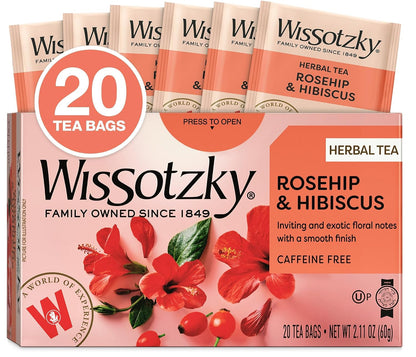 Wissotzky Rosehip & Hibiscus Herbal Tea, 20 Tea Bags | Exotic Blend | Caffeine Free Tea | Immune Boost