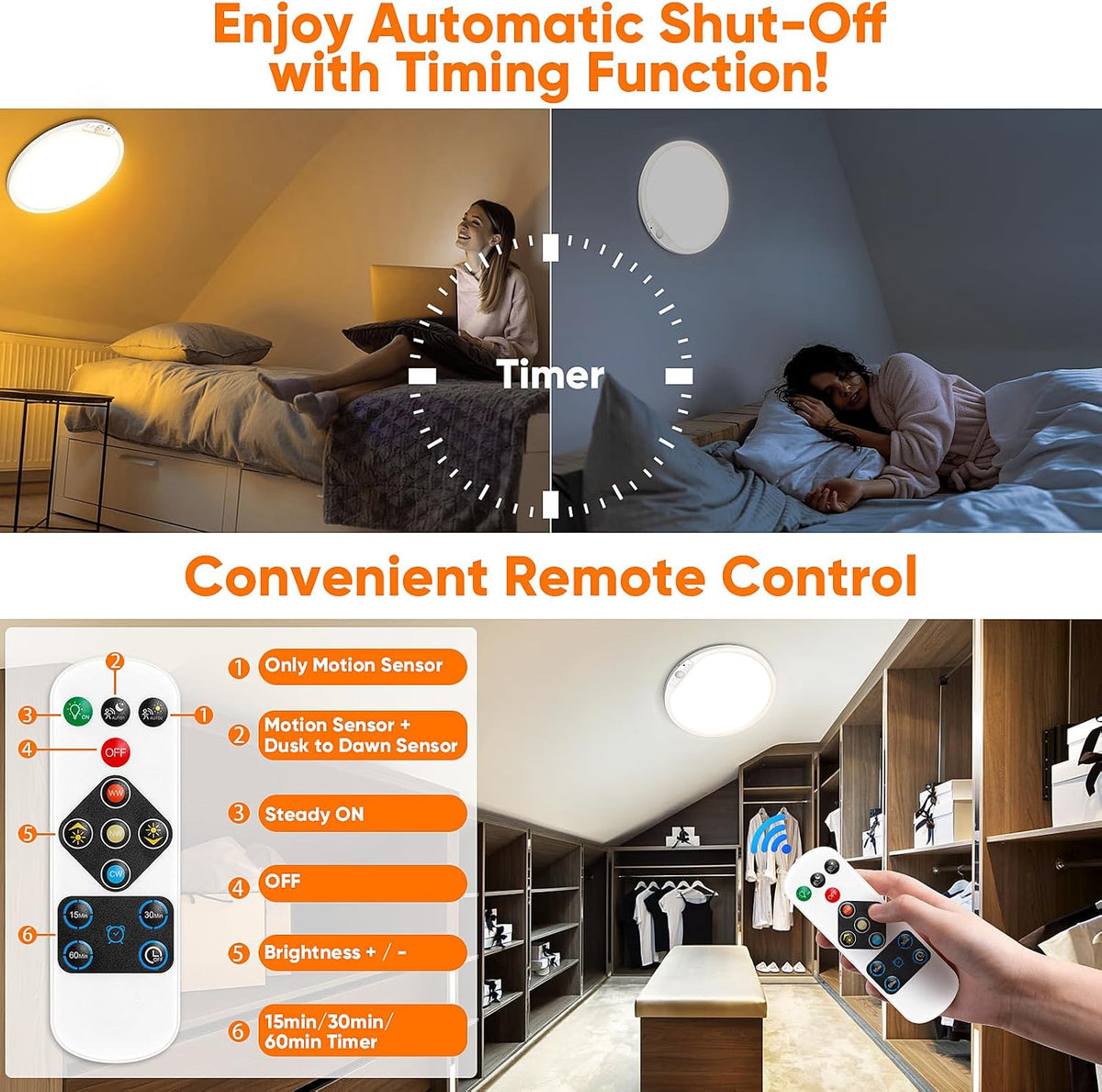 Rechargeable Motion Sensor Ceiling Light, Battery Operated Closet Light