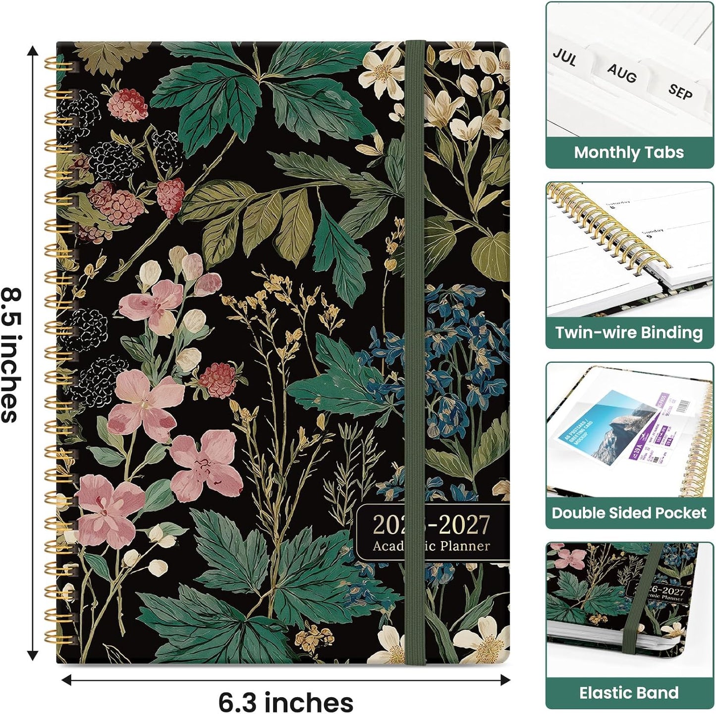 Planner 2026-2027, Academic Monthly and Weekly Calendar Planner for Women, July 2026 - June 2027, Hardcover Pretty Agenda Planner Book with Tabs, Spiral Daily Organizer for School Office Home Supplies, 6.3" x 8.5" - Blue Floral