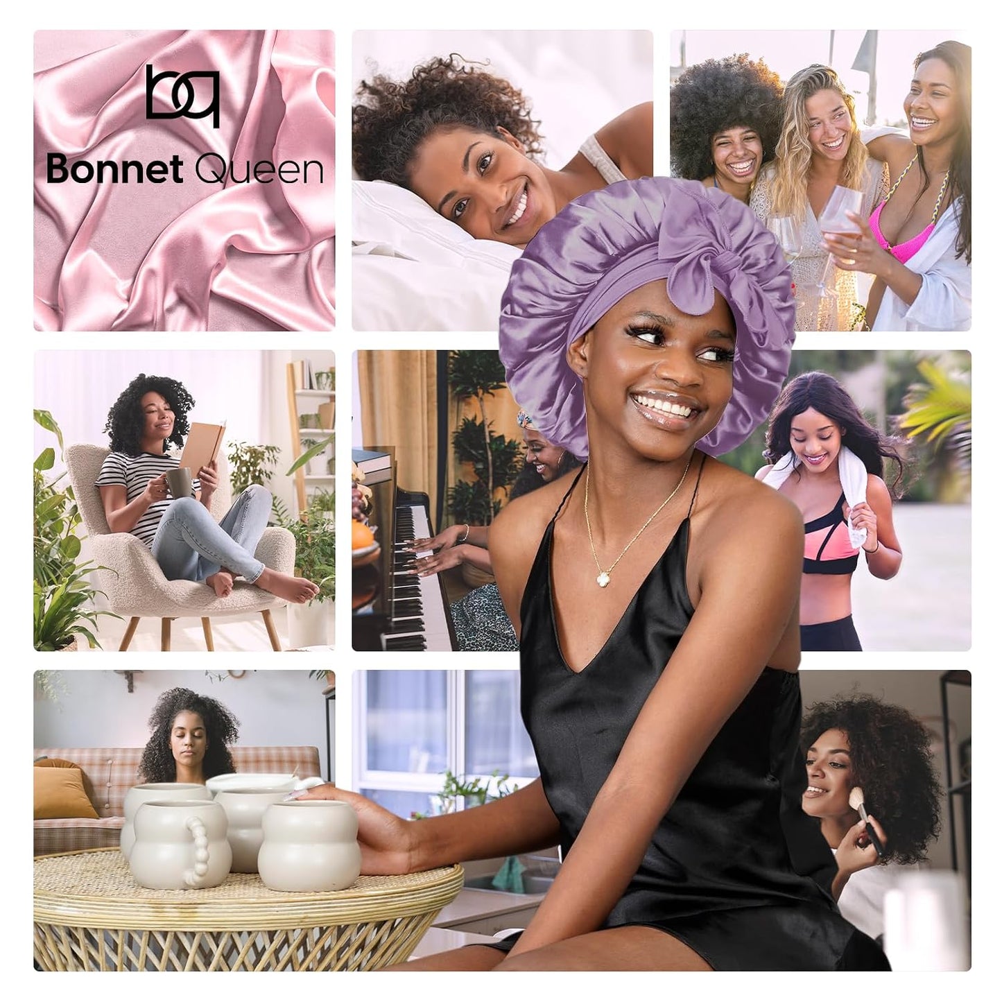 BONNET QUEEN Silk Bonnet for Sleeping for Women Satin Bonnet Night Cap for Curly Hair with Tie Band, Single Layer, Cream Pink
